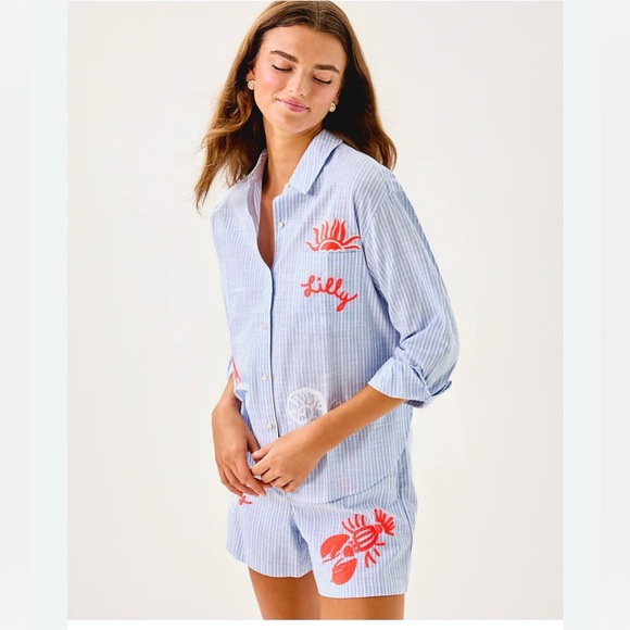 Lilly Pulitzer Pants - Lilly Pulitzer
BONDI JACARANDA BLUE BEACH DAY SET. Button down/Draw string short